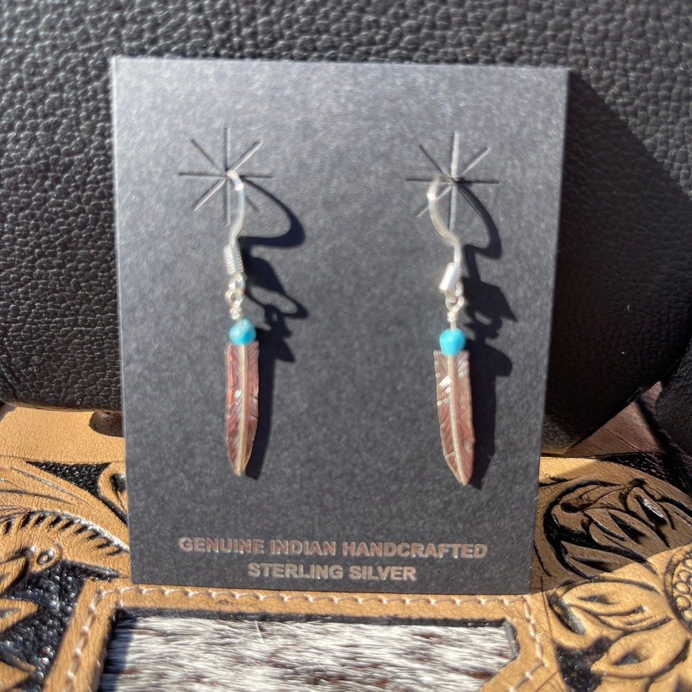 Native‎ American Handcrafted Sterling Silver & Turquoise Feather Earrings